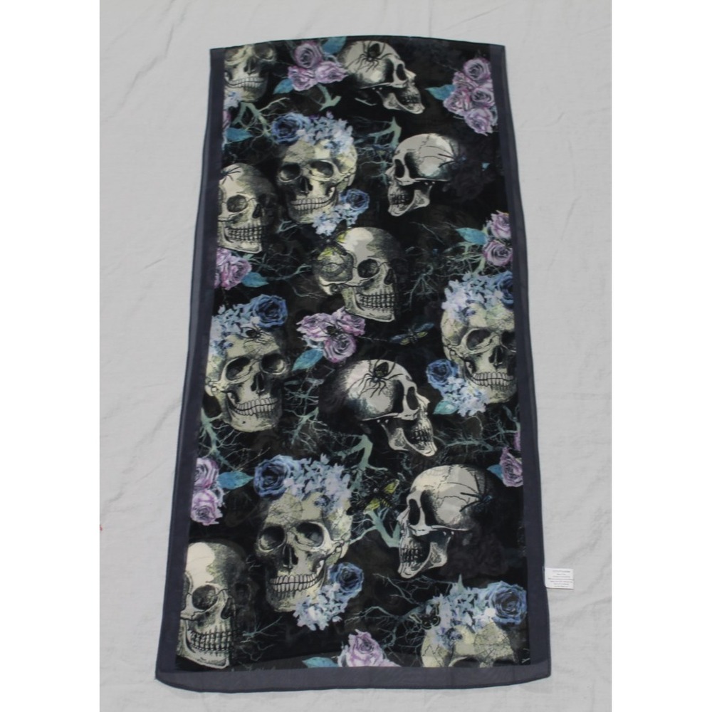 hildie & jo Floral Skull Scarf Gothic Halloween Gray Black Sheer Oblong 14x61